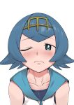 1girl blue_hair blue_sailor_collar blush bright_pupils closed_mouth collarbone commentary_request eyebrows_visible_through_hair frown green_eyes hairband highres lana_(pokemon) makino_harumaki no_sclera one-piece_swimsuit one_eye_closed pokemon pokemon_(game) pokemon_sm raised_eyebrows sailor_collar shirt short_hair simple_background sleeveless sleeveless_shirt solo swimsuit swimsuit_under_clothes white_background white_pupils white_shirt yellow_hairband 