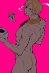  1boy ass cigarette coffee_cup cup disposable_cup facial_hair from_above goatee hair_over_one_eye highres male_focus nude one_piece pectorals pink_background sanji short_hair smoke smoking solo sorase_(srsrs_000) toned toned_male 