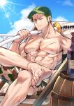  1boy abs bara barrel baseball_cap camouflage camouflage_shorts feet feet_out_of_frame frown green_hair hat highres holding holding_sword holding_weapon large_pectorals long_sideburns looking_at_viewer male_focus male_swimwear muscular muscular_male nipples one_piece over_shoulder pectorals print_male_swimwear roronoa_zoro scar scar_across_eye short_hair shorts sideburns soles solo sorase_(srsrs_000) sunlight swim_trunks sword sword_over_shoulder toes topless_male veins weapon weapon_over_shoulder 