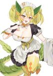  1girl absurdres bangs blush breasts cleavage dragon_girl dragon_horns dragon_tail duel_monster fang_qiao green_horns green_tail highres horns large_breasts looking_at_viewer open_mouth parlor_dragonmaid smile solo tail yellow_horns yu-gi-oh! 