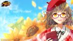  1girl bangs beret book brown_hair copyright copyright_name flower glasses happy_birthday hat holding holding_book kotsuru_kari lapel_pin leaf logo mahjong_soul ninomiya_hana official_art red-framed_eyewear red_headwear sky smile solo sunflower sweater yellow_eyes yostar 