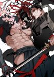  2boys abs bara black_hair fate/grand_order fate_(series) flower formal gauntlets gloves hakama highres hug japanese_clothes katana long_hair mask multiple_boys muscular muscular_male navel necktie nipples no_male_underwear pants pectorals red_hair scarf shiba_ten suit sword takechi_zuizan_(fate) tanaka_shinbei_(fate) topless topless_male weapon yaoi 