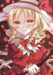  bangs blonde_hair blush bow bowtie breasts closed_mouth collared_dress curly_hair dress drill_locks elly_(touhou) eyebrows_visible_through_hair hat hat_bow holding holding_scythe juliet_sleeves long_sleeves looking_at_viewer medium_breasts nami7711 puffy_sleeves red_bow red_bowtie red_dress scythe smile sun_hat touhou touhou_(pc-98) white_headwear yellow_eyes 