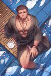  1boy abs bandages bara belt biceps bracelet brown_hair cloud dark-skinned_male dark_skin dungeon_and_fighter facial_hair fundoshi highres japanese_clothes jewelry kimono kulolin looking_at_viewer looking_up male_focus male_underwear manly mature_male muscular muscular_male necklace nipples pectorals petals plate red_eyes reflection scar scar_on_face serious sitting sky solo spiked_hair stubble thighs topless topless_male underwear water wooden_floor yukata 