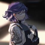  1girl andreana_(arknights) arknights black_shirt blue_eyes blurry blurry_background gloves hair_between_eyes highres jacket looking_at_viewer mayf42 open_clothes open_jacket purple_hair shirt short_hair sketch solo unfinished upper_body white_gloves white_jacket 