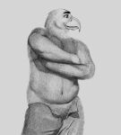  absurd_res accipitrid accipitriform anthro avian beak belly bird black_and_white bottomwear bottomwear_down clothed clothing eagle hi_res male monochrome montius pants pants_down partially_clothed shirtless smile solo 