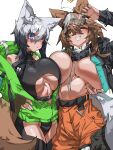  2girls absurdres animal_ear_fluff animal_ears arm_up asymmetrical_docking bare_shoulders belt black_jacket black_legwear blue_eyes blush breast_press breasts brown_eyes brown_hair eyebrows_visible_through_hair eyes_visible_through_hair green_jacket grey_hair hair_between_eyes hand_on_another&#039;s_hip highres hood hood_down hooded_jacket huge_breasts huu_(mohujirou1811) jacket long_hair looking_at_another multiple_girls one_eye_closed original parted_lips red_eyes see-through simple_background smile tail teeth triangle turtleneck visor_cap white_background zipper zipper_pull_tab 