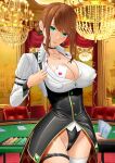  1girl arm_behind_back bangs black_choker black_panties black_skirt breasts card casino casino_card_table choker cleavage closed_mouth collarbone dorian_oishiiyo earrings eyebrows_visible_through_hair feet_out_of_frame green_eyes highres holding holding_card jewelry large_breasts lips long_sleeves looking_at_viewer medium_hair necklace orange_hair original panties shirt skirt solo standing suspender_skirt suspenders underwear white_shirt 