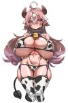  1girl ahoge animal_ears animal_print arms_behind_back bare_shoulders bell bikini black_legwear black_tail blue_collar blush cameltoe chinese_zodiac closed_mouth collar covered_nipples cow_ears cow_girl cow_horns cow_print cow_tail elbow_gloves eyebrows_visible_through_hair eyes_visible_through_hair garter_straps gloves grey_hair half-closed_eyes highres horns huu_(mohujirou1811) long_hair multicolored_hair navel neck_bell original pink_hair red_eyes shiny shiny_hair shiny_skin simple_background skindentation smile swimsuit tail thighhighs white_background white_legwear year_of_the_ox 