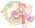  1girl :d alternate_costume bell cake christmas dress enkyo_yuuichirou fairy_wings fire_emblem fire_emblem_heroes food hat long_sleeves looking_at_viewer mirabilis_(fire_emblem) official_alternate_costume pink_eyes pink_hair pointy_ears red_dress sleeves_past_fingers sleeves_past_wrists smile solo wings 