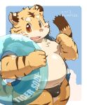  2013 anthro belly big_belly blush bulge clothed clothing felid hoodie humanoid_hands kemono kisukemk777 male mammal moobs navel open_clothing open_hoodie open_topwear overweight overweight_male pantherine pink_nose solo swimwear tiger topwear unavailable_at_source young 