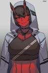  1girl black_choker black_hair black_tank_top breasts choker cleavage closed_mouth colored_skin grey_background grey_jacket half-closed_eyes head_tilt hood hood_up hooded_jacket horns jacket jewelry kidouko_(zakusi) large_breasts looking_at_viewer necklace oni oni_horns orange_eyes original red_oni red_skin short_hair signature simple_background smile solo tank_top zakusi 