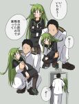  1boy 1girl admiral_(kancolle) baby_carry black_hair black_legwear black_serafuku black_skirt carrying closed_mouth crescent crescent_hair_ornament epaulettes eyebrows_visible_through_hair green_eyes green_hair grey_background grey_footwear hair_between_eyes hair_ornament highres jacket kantai_collection long_hair long_sleeves military military_uniform nagatsuki_(kancolle) pants po0000000000 school_uniform serafuku short_hair skirt speech_bubble thighhighs translation_request uniform white_jacket white_pants 