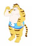 2013 a8taka_ism anthro belly big_belly bulge clothing eyewear felid glasses humanoid_hands kemono male mammal moobs nipples overweight overweight_male pantherine pink_nose simple_background solo tiger unavailable_at_source underwear white_background yellow_body 