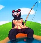  2022 agnes_(animal_crossing) animal_crossing anthro black_body black_fur bottomless breasts butt cleavage clothed clothing cloud day detailed_background digital_media_(artwork) dipping_toe domestic_pig dress eyelashes eyes_closed female fishing fishing_rod fur genitals grass humanoid_genitalia kureto mammal multicolored_body multicolored_fur nintendo open_mouth outside partially_clothed partially_submerged partly_cloudy plant pussy reflection refraction resting sigh sky solo suid suina sus_(pig) thick_thighs tight_clothing topwear video_games water white_body white_fur 