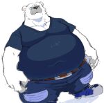  2022 anthro belly big_belly black_nose bottomwear clothing cute_fangs fur gokrakstyle hi_res humanoid_hands kemono male mammal obese obese_male overweight overweight_male pants polar_bear shirt simple_background solo topwear ursid ursine white_background white_body white_fur 