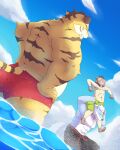  2013 a8taka_ism anthro belly blue_body butt clothing cloud detailed_background domestic_cat eyes_closed felid feline felis group kemono male mammal muscular outside pantherine slightly_chubby swimwear tiger unavailable_at_source water white_body 