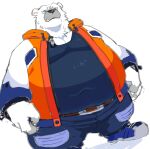  2022 anthro belly big_belly black_nose bottomwear clothing cute_fangs fur gokrakstyle hi_res humanoid_hands kemono male mammal obese obese_male overweight overweight_male pants polar_bear shirt simple_background solo topwear ursid ursine white_background white_body white_fur 