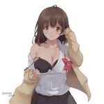  ! 1girl adjusting_hair ahoge artist_name bangs black_bra black_skirt blush bow bowtie bowtie_removed bra breasts brown_eyes brown_hair cleavage closed_mouth collarbone english_text eyebrows_visible_through_hair facing_viewer hige_wo_soru._soshite_joshikousei_wo_hirou. highres jacket large_breasts long_sleeves looking_at_viewer medium_hair niksoncrazy ogiwara_sayu pleated_skirt red_bow red_bowtie school_uniform shirt simple_background skirt smile solo twitter_username underwear undressing white_background white_shirt yellow_jacket 