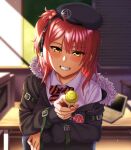  1girl bangs beret black_jacket blush bow bowtie candy eyebrows_visible_through_hair food fur-trimmed_jacket fur_trim girls&#039;_frontline hat headphones highres holding holding_candy holding_food holding_lollipop jacket lollipop long_hair looking_at_viewer mp7_(girls&#039;_frontline) nail_polish open_mouth ouga_(user_ctzw2237) parted_lips pink_nails red_hair shirt simple_background sitting smile solo table teeth upper_body white_shirt yellow_eyes 