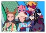  1boy 2girls ascot banette blonde_hair blue_kimono border brown_eyes brown_hair buttons celesteela closed_eyes closed_mouth commentary_request eyelashes gloves green_kimono grin hand_up hat headband highres japanese_clothes jasmine_(pokemon) jigglypuff kimono long_hair long_sleeves lyra_(pokemon) morty_(pokemon) multiple_girls official_alternate_costume on_head pokemon pokemon_(creature) pokemon_(game) pokemon_masters_ex pokemon_on_head sash smile twintails two_side_up tyako_089 ultra_beast v white_ascot white_border white_headwear 