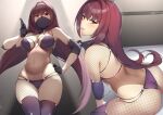  1girl ass bangs bare_shoulders blush breasts cleavage fate/grand_order fate_(series) fishnets gloves hair_between_eyes large_breasts long_hair looking_at_viewer mask mouth_mask multiple_views navel open_mouth pinta_(ayashii_bochi) purple_hair red_eyes scathach_(fate) thighhighs thighs 