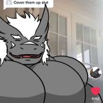  anthro big_muscles cover_them_up_slut dragon eyes_closed grauchen_(character) grey_body hair hi_res kaze3481_(artist) male meme muscular open_mouth pecs smile solo white_hair 