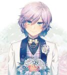  1boy androgynous blue_eyes bow bowtie epel_felmier eyebrows_visible_through_hair flower gloves hair_between_eyes holding jacket kiri_futoshi long_sleeves looking_at_viewer male_focus night_raven_college_uniform pale_skin purple_hair short_hair smile solo twisted_wonderland 