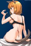  1girl absurdres animal_ears artist_name ass black_bra black_panties blue_background blush bra brave_witches breasts butt_crack closed_mouth dog_ears dog_tail eyebrows_visible_through_hair from_behind green_eyes gundula_rall highres hiroshi_(hunter-of-kct) large_breasts looking_at_viewer looking_back orange_hair panties scar shiny shiny_hair short_hair simple_background smile solo tail underwear underwear_only world_witches_series 