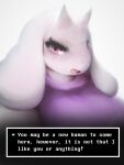  angry anthro big_ears black_eyelashes black_pupils blush boss_monster bovid caprine clothed clothing dialogue_box female fur hasukii horn kemono looking_at_viewer mammal open_mouth pink_eyes pupils red_tongue solo standing tongue toriel undertale undertale_(series) video_games whhite_fur white_body white_ears white_fur 