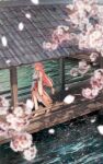  1girl absurdres architecture bare_shoulders blurry blurry_foreground breasts cherry_tree detached_sleeves east_asian_architecture falling_petals full_moon genshin_impact hair_between_eyes highres japanese_clothes jewelry koseikogani large_breasts long_hair looking_up low-tied_long_hair miko moon outdoors pendant petals pink_hair pond purple_eyes sandals sash shirt sleeveless sleeveless_shirt solo walking water white_shirt yae_miko 