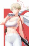  1girl abs anagumasan blonde_hair blue_archive collarbone cowboy_shot eyebrows_visible_through_hair gloves gun highres holding holding_clothes holding_jacket jacket marina_(blue_archive) navel parted_lips short_hair solo tank_top weapon white_gloves yellow_eyes 