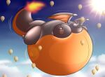  4_fingers anthro belly belly_expansion belly_inflation big_belly body_inflation charizard cloud cloudscape expansion fingers fire flaming_tail floating hi_res hyper hyper_belly inflation looking_up male motion_lines nintendo orange_belly p-balloon pok&eacute;mon pok&eacute;mon_(species) shindenwolf sky solo sun video_games 
