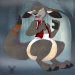  anthro bodily_fluids clothing diaper genital_fluids hi_res jacket jaqrabbit_(artist) kangaroo macropod male mammal marsupial pivoted_ears red_clothing red_jacket red_topwear solo topwear urine wet_diaper wetting 