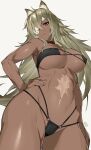  bikini black_bikini breasts dark-skinned_female dark_skin eyepatch ghislaine_dedoldia gradient gradient_background grey_hair hand_on_hip highres large_breasts long_hair multi-strapped_bikini_bottom muscular muscular_female mushoku_tensei navel omagacchu one-eyed red_eyes scar scar_on_face scar_on_stomach swimsuit 