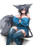  1girl animal_ear_fluff animal_ears back_hair bare_shoulders blue_eyes blue_legwear blush closed_mouth collarbone covered_nipples eyebrows_visible_through_hair eyes_visible_through_hair fox_ears fox_girl fox_tail grey_eyes hair_between_eyes highres huu_(mohujirou1811) long_hair multicolored_eyes off_shoulder original own_hands_together shiny shiny_skin skindentation sleeves_past_wrists smile solo tail thighhighs very_long_hair 