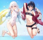  2girls :d ankle_ribbon ass_visible_through_thighs bangs bare_shoulders bikini black_bikini blue_hair blue_jacket blue_sky blush breasts casual_one-piece_swimsuit collarbone covered_navel day eyebrows_visible_through_hair frilled_bikini frills full_body groin hair_ornament hairclip highres holding horizon innertube jacket jumping leg_garter long_hair long_sleeves looking_at_viewer mignon multiple_girls nail_polish navel ocean off_shoulder one-piece_swimsuit open_clothes open_jacket open_shirt original outdoors parted_lips pink_nails purple_eyes red_eyes red_jacket ribbon sandals scrunchie silver_hair skindentation sky small_breasts smile sparkle stomach strapless strapless_bikini swimsuit thigh_gap thigh_strap toenail_polish toenails triangle_mouth water water_drop white_ribbon white_swimsuit wrist_scrunchie yellow_nails 