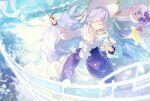  1girl 1other baton_(conducting) beamed_eighth_notes blue_bow blue_bowtie blurry blurry_foreground bow bowtie bunny closed_eyes cloud dress eighth_note frilled_dress frills hands_up hatsune_miku headdress holding holding_instrument instrument light_blue_hair linfi-muu long_hair musical_note neckerchief open_mouth rabbit_yukine rainbow smile snowflakes staff_(music) standing sun_ornament twintails very_long_hair vocaloid white_dress yuki_miku 