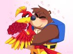  &lt;3 angry annoyed anthro avian backpack banjo-kazooie banjo_(banjo-kazooie) bottomwear bouquet breegull brown_body brown_fur cheek_to_cheek clothing duo embrace eyelashes eyes_closed feathers female fur half-closed_eyes happy hi_res holidays hug hugging_from_behind kazooie male male/female mammal narrowed_eyes pink_background pouting rareware red_body red_feathers red_rose shorts simple_background skeletonguys-and-ragdolls tsundere ursid valentine&#039;s_day video_games yellow_bottomwear yellow_clothing yellow_shorts 