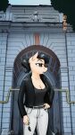  anthro apocheck13 arch belt bottomwear breasts cleavage clothed clothing earth_pony equid equine female hi_res horse jacket keychain looking_away mammal my_little_pony pants pony solo topwear 