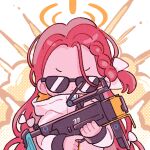  1girl :&lt; blue_archive braid chibi closed_mouth explosion forehead grenade_launcher gun h&amp;k_ag36 hair_ribbon halo heckler_&amp;_koch highres holding holding_gun holding_weapon jacket koru_koruno long_hair long_sleeves polka_dot power_symbol red_hair ribbon serious sleeves_past_wrists solo sunglasses upper_body v-shaped_eyebrows weapon white_background white_jacket yuzu_(blue_archive) 