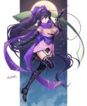  1girl :d absurdly_long_hair absurdres black_footwear black_gloves black_hair boots breasts cleavage commission elbow_gloves full_body full_moon gloves hair_between_eyes hairband high_heel_boots high_heels highres holding kunai large_breasts long_hair looking_at_viewer moon ninja open_mouth original ponytail purple_eyes scroll scroll_tube shichigatsu shin_guards skeb_commission smile solo standing standing_on_one_leg thigh_boots thighhighs very_long_hair weapon 