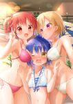  bikini blonde_hair blue_hair blush flat_chest gochuumon_wa_usagi_desu_ka? jinja_natsume jouga_maya mika_miche natsu_megumi open_mouth parasol pout red_eyes red_hair short_hair swimsuit umbrella v yellow_eyes 