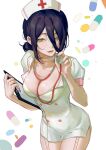  1girl absurdres black_hair breasts chainsaw_man choker cleavage doctor feng_qian_dangyang garter_straps green_eyes hair_between_eyes hair_bun hat highres looking_at_viewer medium_breasts medium_hair nurse nurse_cap reze_(chainsaw_man) short_sleeves solo stethoscope white_choker 