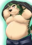  2022 anthro belly big_belly black_nose blush bodily_fluids bulge canid canine canis clothing domestic_dog hi_res kemono lifewonders live-a-hero male mammal mokdai nazebesu_hobby overweight overweight_male solo sweat underwear undressing video_games 