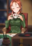  1girl absurdres blush breasts chair closed_mouth cup eyebrows_visible_through_hair highres hiroshi_(hunter-of-kct) indoors medium_breasts military military_uniform minna-dietlinde_wilcke red_hair shiny shiny_hair shiny_skin sitting smile solo strike_witches teacup uniform upper_body world_witches_series 