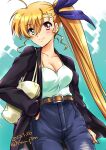  1girl ahoge artist_name blonde_hair blue_pants blush breasts cleavage closed_mouth collarbone dated denim eyebrows_visible_through_hair hair_ribbon hand_in_pocket heterochromia highres jeans long_hair looking_at_viewer lyrical_nanoha mahou_shoujo_lyrical_nanoha_strikers mahou_shoujo_lyrical_nanoha_vivid medium_breasts pants ponytail ribbon san-pon shiny shiny_hair smile solo vivio 