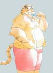  2013 a8taka_ism anthro belly big_belly bottomwear bulge clothed clothing eating felid hoodie humanoid_hands kemono male mammal open_clothing open_hoodie open_topwear pantherine pink_nose shorts simple_background solo tiger topwear unavailable_at_source 