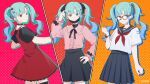  3girls :o absurdres alternate_eye_color aqua_hair black_nails black_ribbon black_skirt blue_collar blue_eyes blue_skirt bow bowtie bracelet cat_hair_ornament center_frills cinderella_(vocaloid) collar collared_shirt cowboy_shot creator_connection dilemma_(vocaloid) dress expressionless facial_mark finger_to_head frilled_collar frills from_side glasses hair_ornament hair_ribbon hairclip hand_on_hip hatsune_miku heart heart_hair_ornament heterochromia highres jewelry lineup long_hair mask miniskirt mouth_mask multiple_girls multiple_persona neckerchief orange_background pink_background pink_shirt pleated_skirt red_background red_dress red_eyes red_neckerchief ribbon rozu_ki sailor_collar school_uniform serafuku shirt short_sleeves skirt thighhighs twintails vampire_(vocaloid) vocaloid white_shirt 