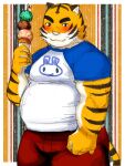  2008 anthro belly big_belly blush bottomwear clothing dessert felid food humanoid_hands ice_cream kemono male mammal overweight overweight_male pantherine pants pink_nose shirt solo takezamurai tiger topwear white_body yellow_body 